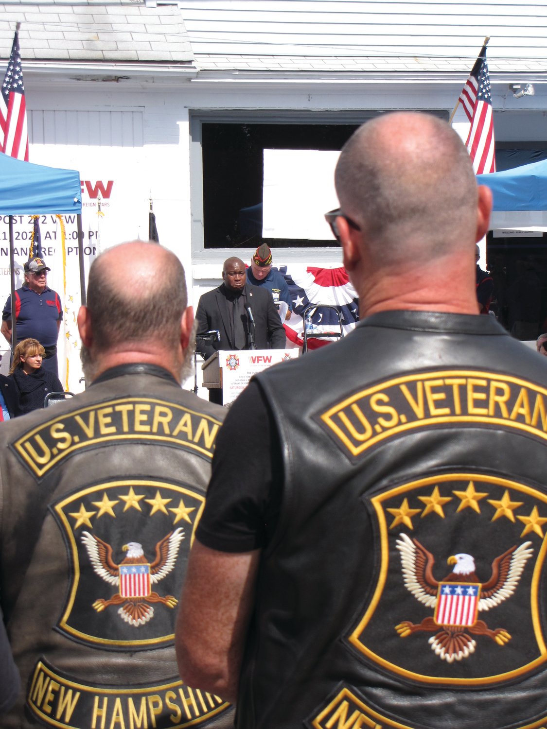 EMOTIONAL DAY: Kasim Yarn, Rhode Island’s veterans affairs director, became emotional during his remarks at Saturday’s ceremony. Looking on are members of the United States Veterans Motorcycle Club, which had chapters from several states represented.